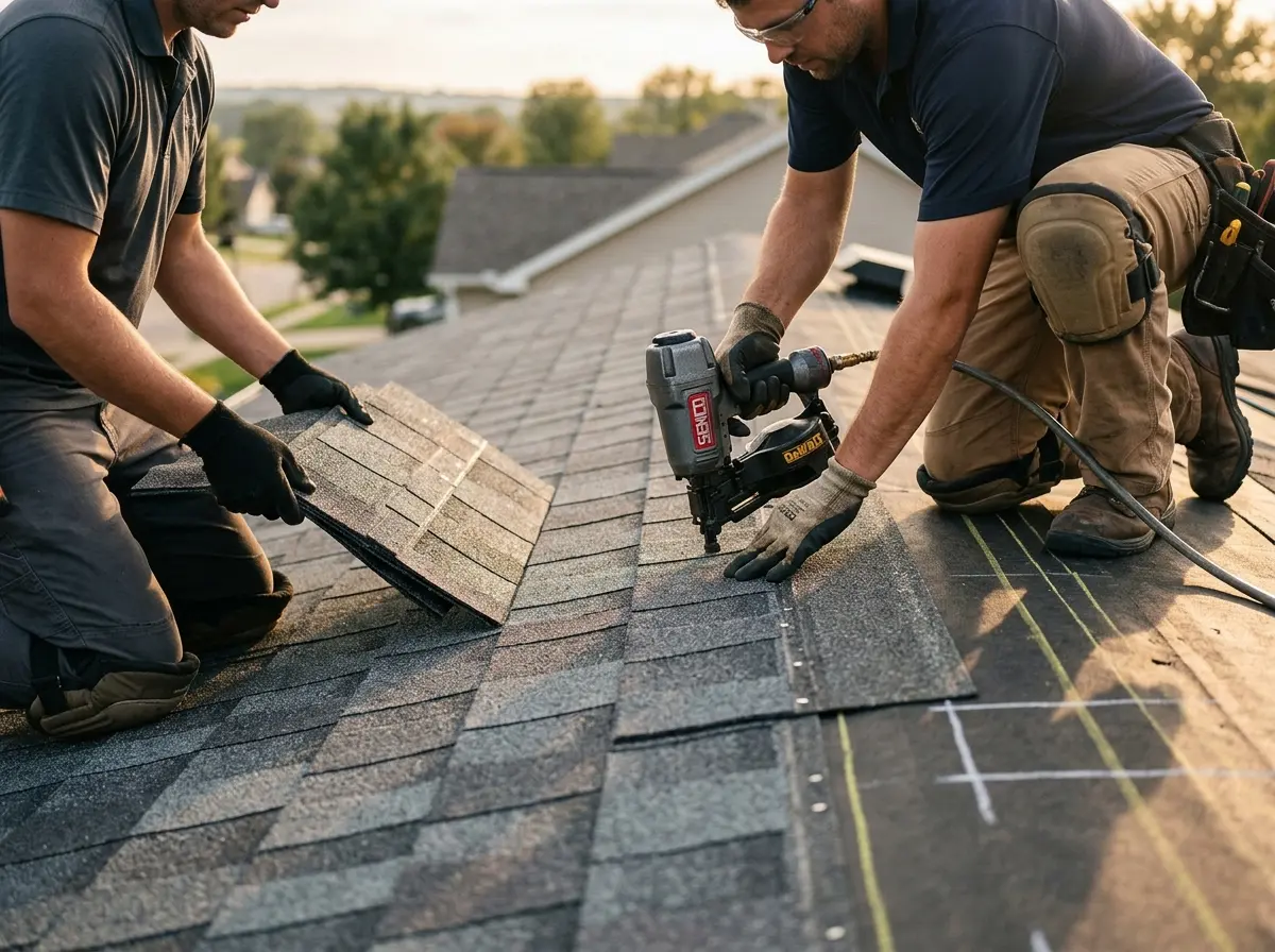 Professional roofer working on a residential roof in Lino Lakes